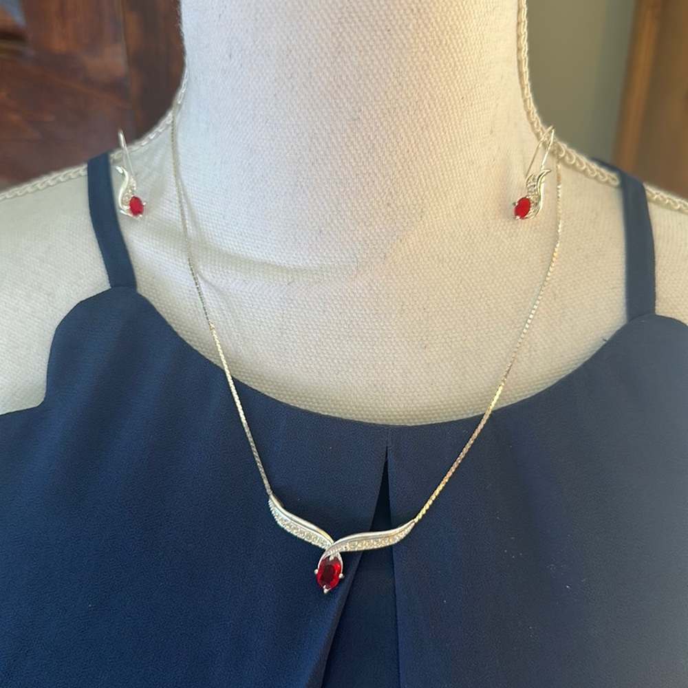 Silver Colored Chain With Ruby Colored And Clear … - image 1